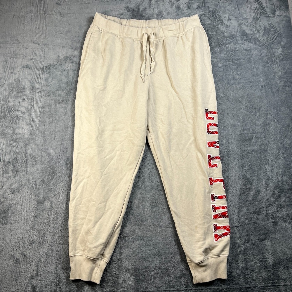 PINK Victoria's Secret Fleece Sweatpants Womens 34 Beige Applique Love Pink Logo